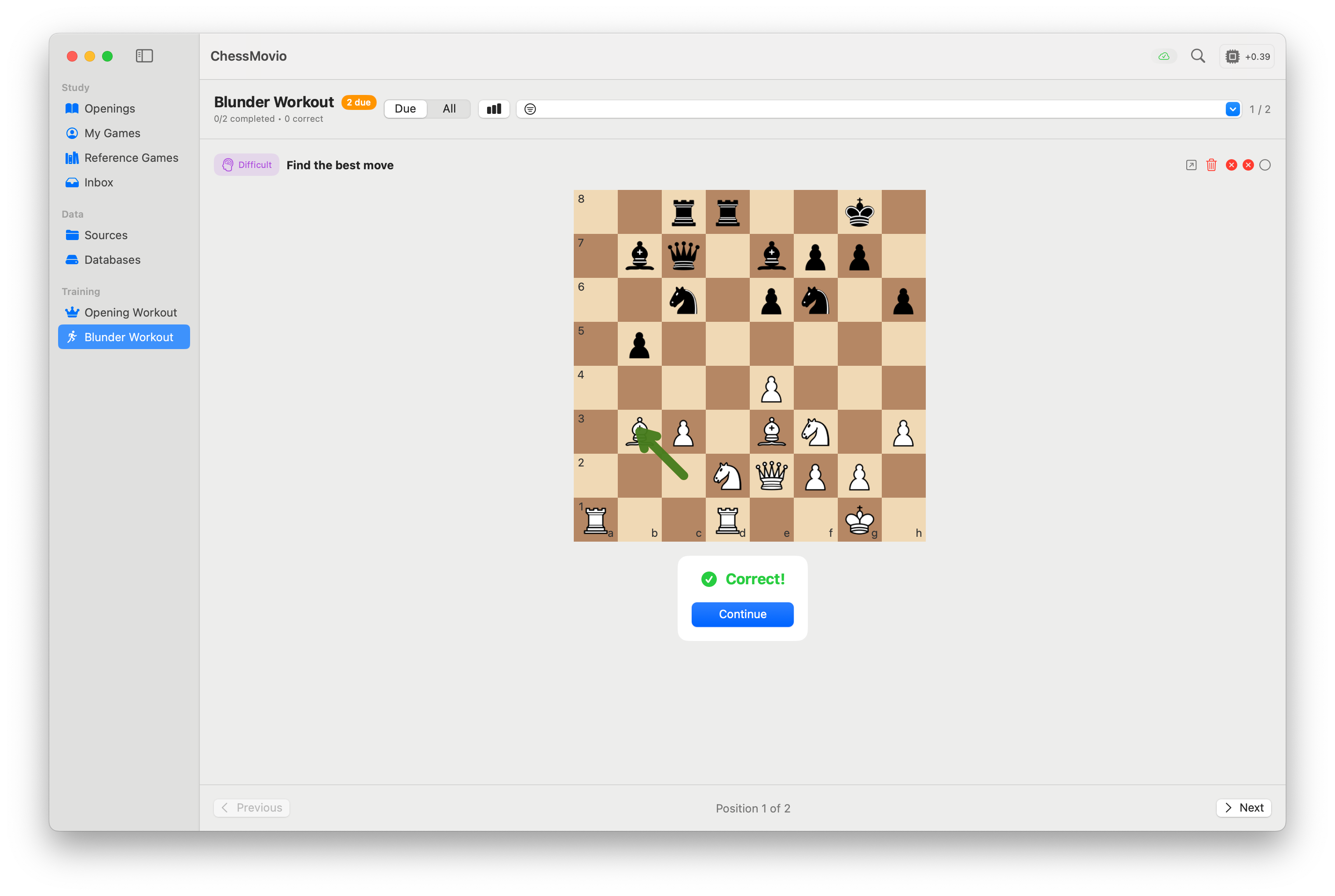 Blunder workout statistics showing overview, classification breakdown, and streaks