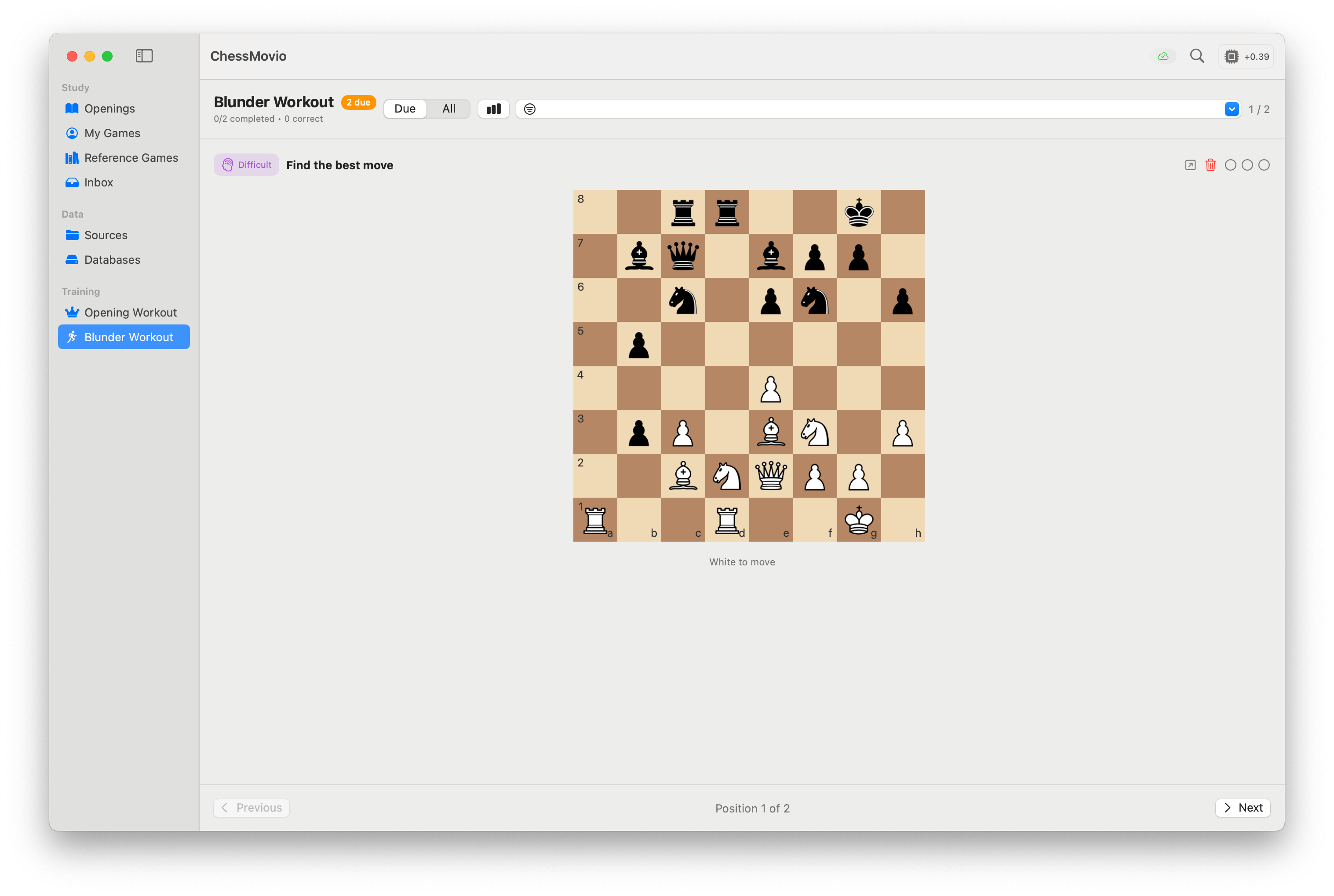 Blunder workout carousel showing a position to solve