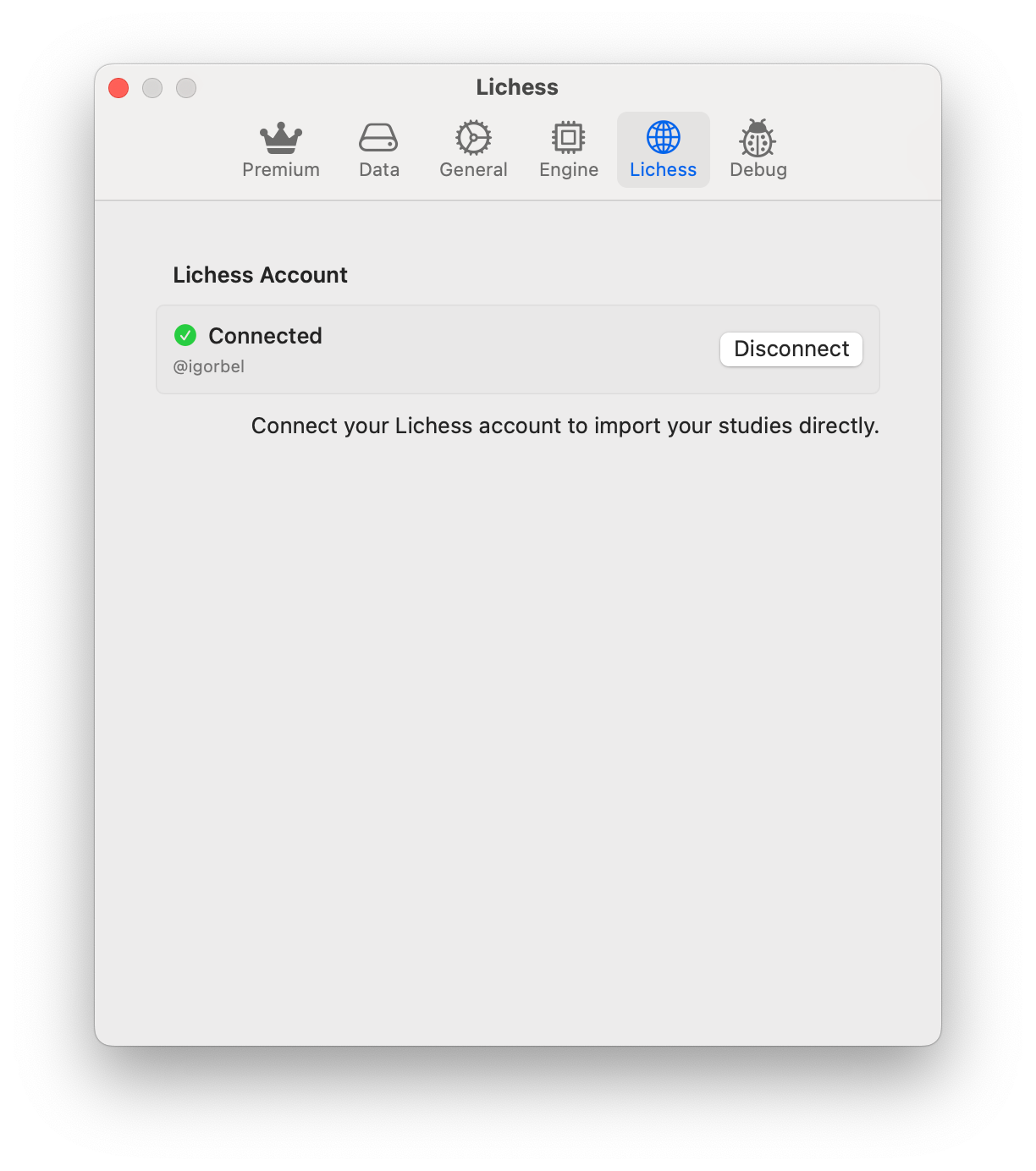 Lichess connection screen showing the connect button and account status