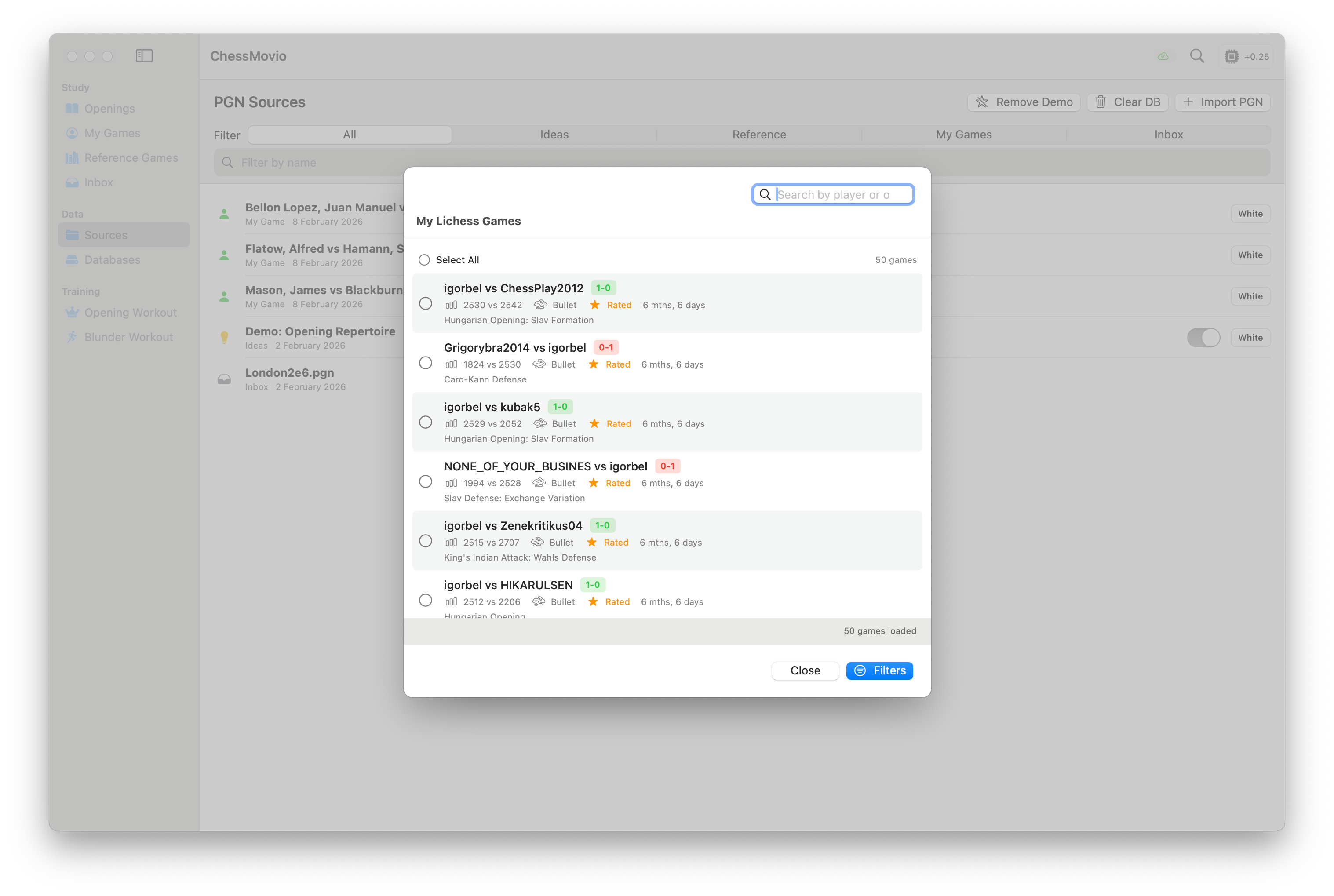 Game browser showing filters for time control, game type, and color