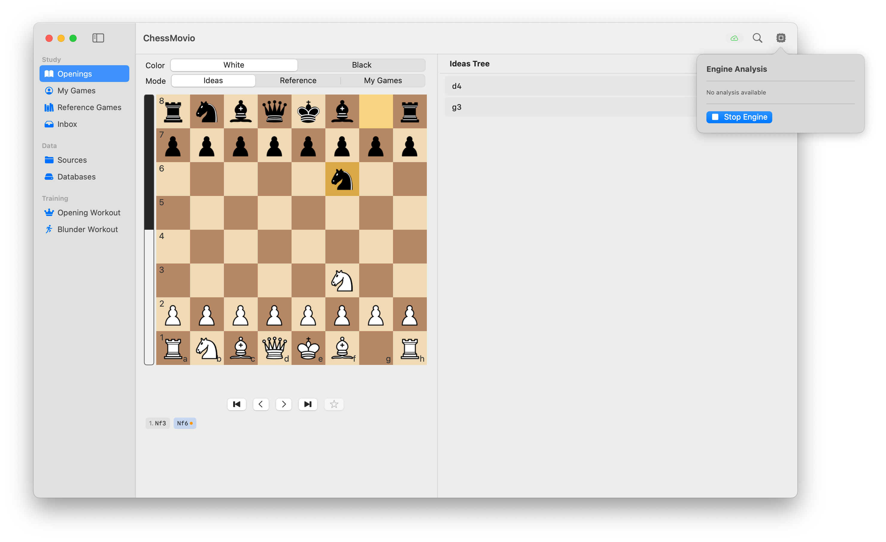 Engine evaluation in the Openings tab