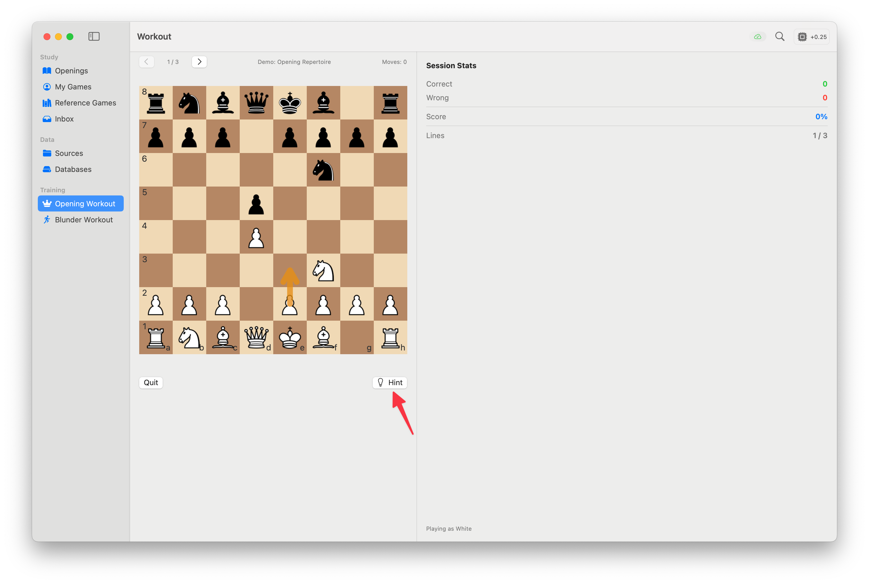 Active workout with a position on the board waiting for your move
